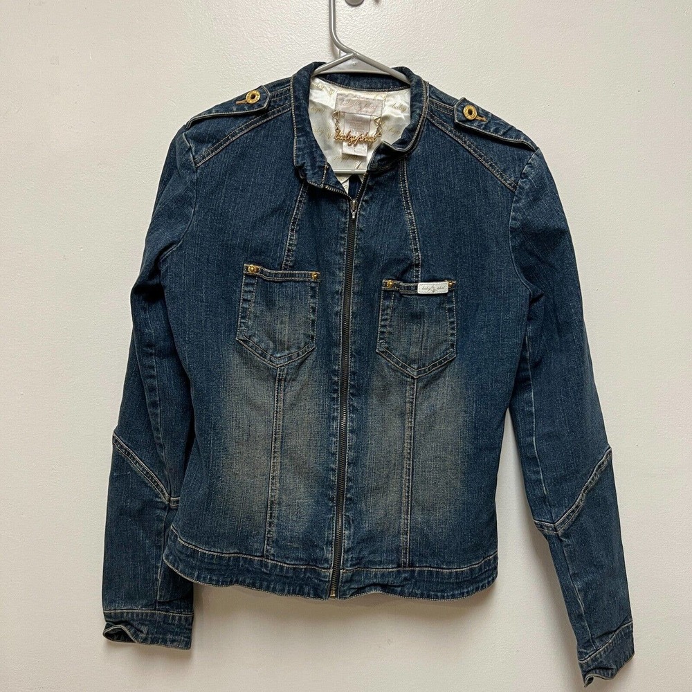 Baby Phat Jean Denim Jacket Small Logo Patch Chain Light Washed Zipper